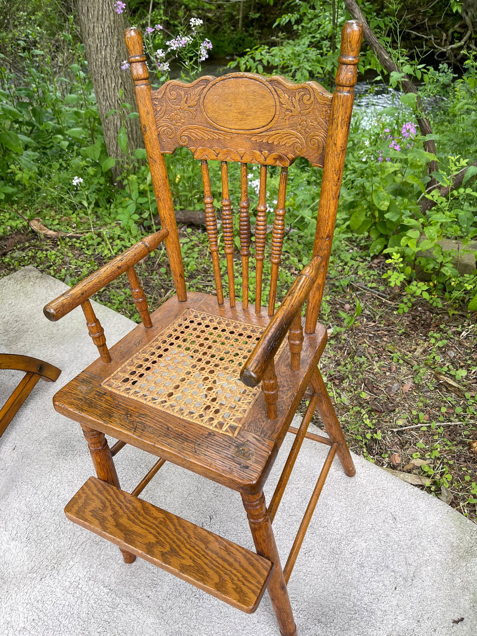 Antique Victorian Oak Children's High Chair W Pressed Back and Caned Seat - 5
