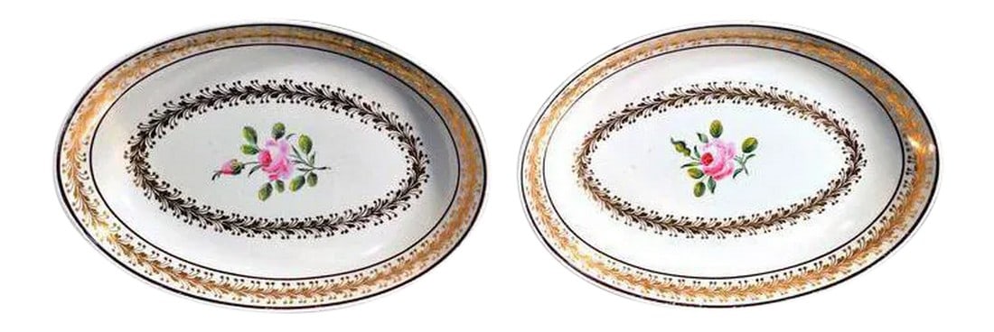 Neale & Co. Creamware Oval Botanical Dishes - A Pair: Gilded Botany: Neale Creamware Oval Polychrome Dishes Object: Pair of Oval Serving Dishes Origin: Neale or Neale & Wilson, Staffordshire, England Date: Circa 1785-1790 (Georgian Era) Medium: