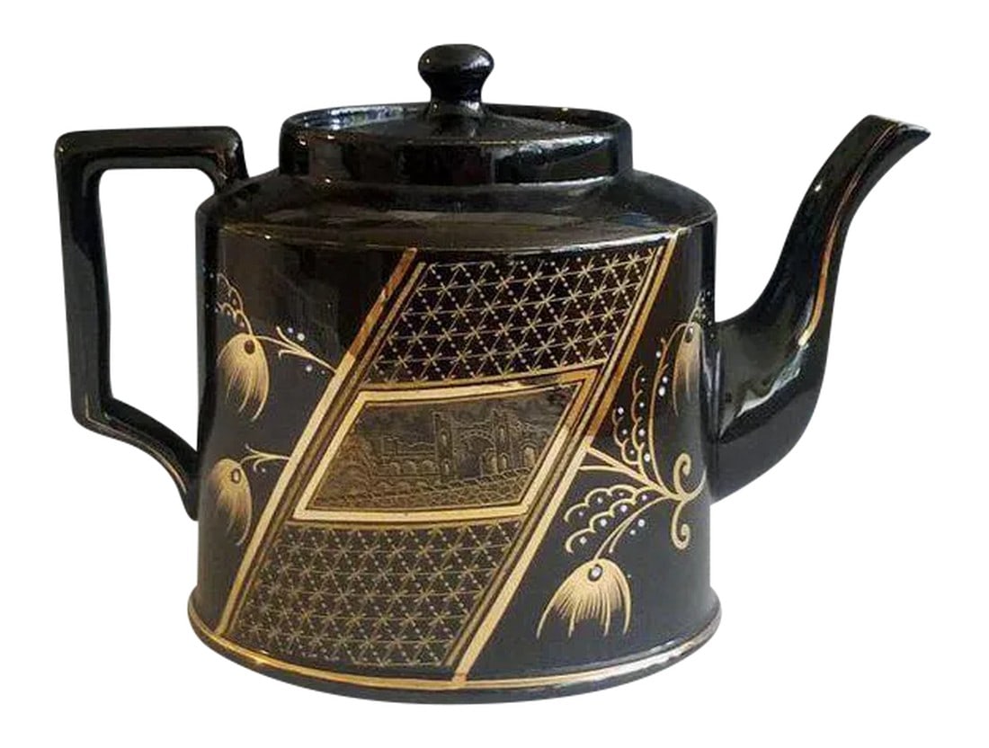 Aesthetic Movement Pottery Teapot & Cover: Black and Gold Geometry: Aesthetic Movement Teapot Object: Teapot and Cover Attribution: Dudson Pottery, Staffordshire, England Date: Circa 1885 Medium: Black-Glazed Pottery (Basalt-type) with