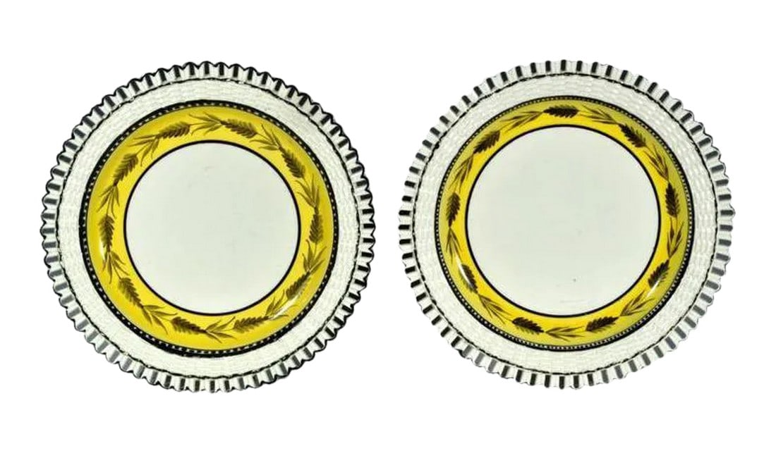 Liverpool Herculaneum Yellow-Banded Openwork Creamware Dessert Dishes - a Pair: Sunshine and Harvest: Openwork Creamware Dessert Dishes Object: Pair of Dessert Dishes Origin: Probably Herculaneum Pottery, Liverpool, England Date: Circa 1810-1815 (Regency Era) Medium: Creamware