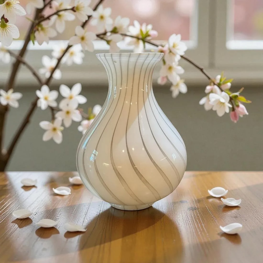 Murano Hand-Blown Opaline Filigrana Spiral Art Glass Vase "” Late 20th Century - 2