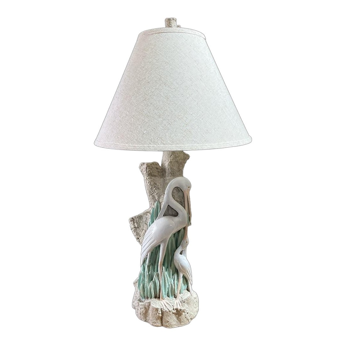 Vintage Faux Bois Plaster Egret Table Lamp: Beautiful plaster Egret Table Lamp with wonderful detail with faux Bois accenting. Includes the shade and original finial. Shade is 18 inches round. 12" High lamp is 34 inches high with the shade. Con