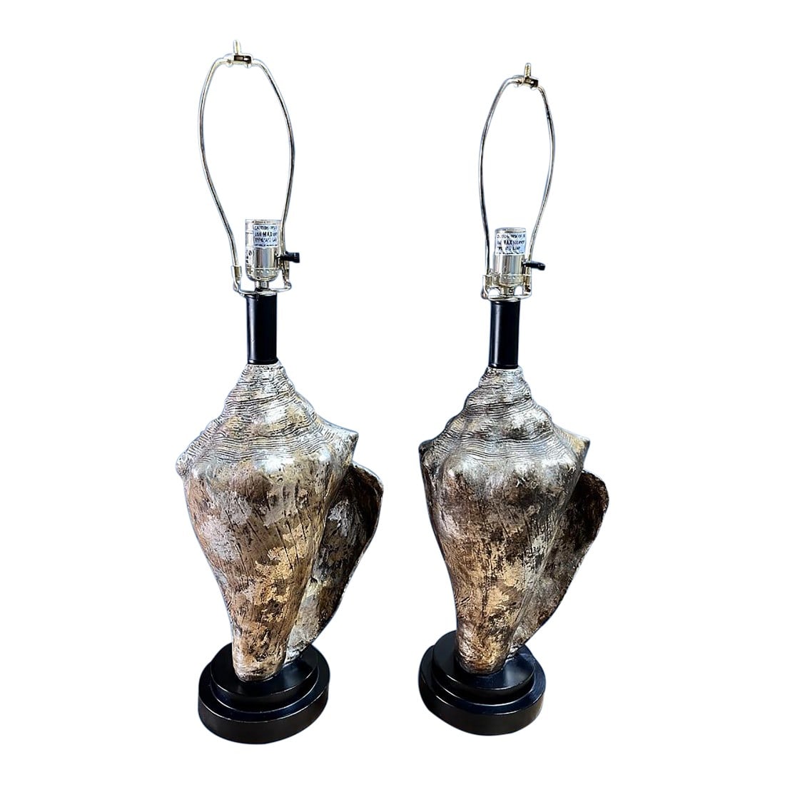 1980s Pair of Vintage, Coastal Metallic Conch Shell Table Lamps: Pair of vintage coastal metallic conch, shell table lamps no shades lamps are designed to resemble large conch shells sometimes crafted from metal with a brushed metallic look. Lamps perfect for the