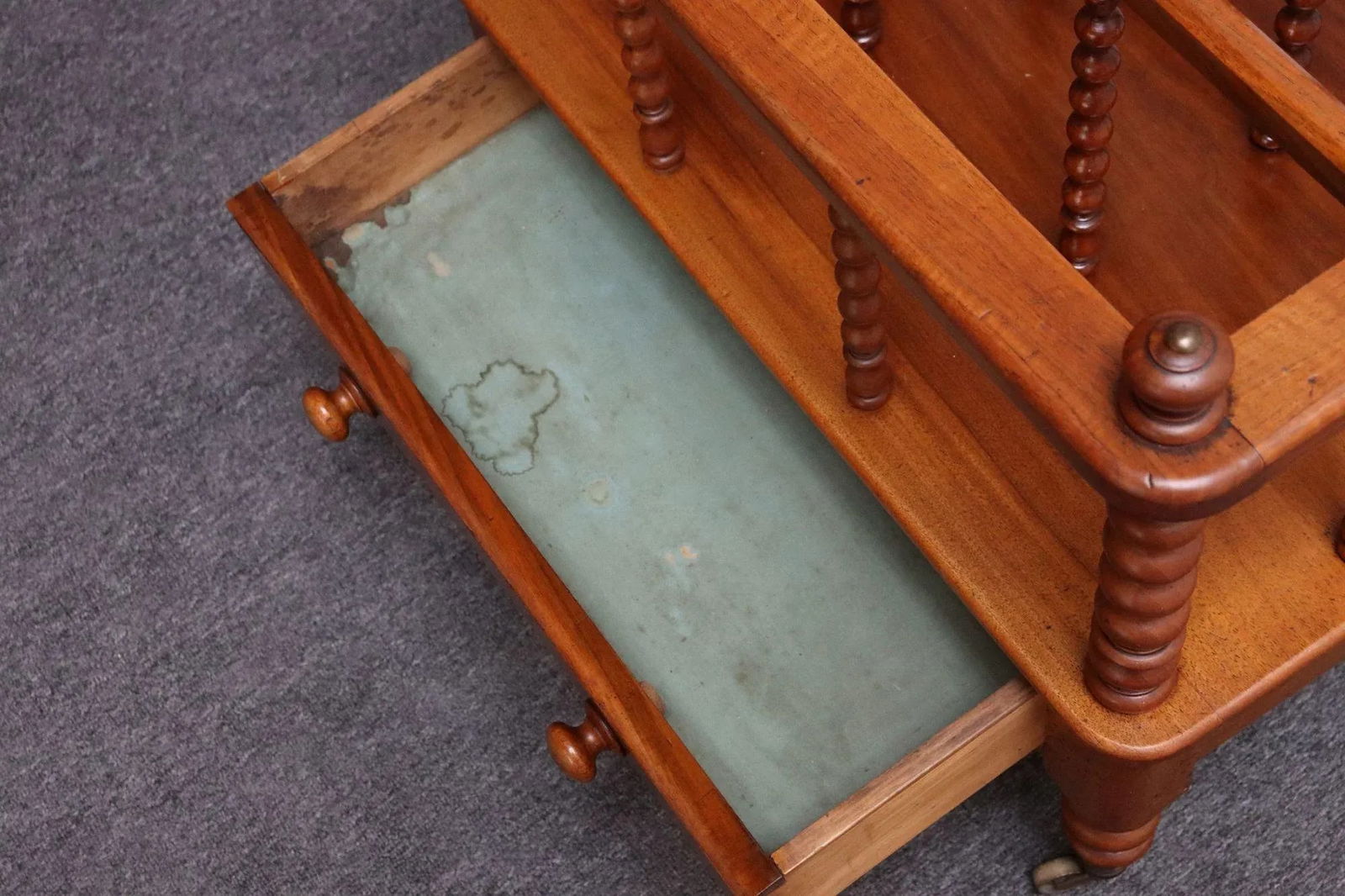 Vintage Victorian Figured Walnut Canterbury Magazine Rack on Casters With Drawer - 10