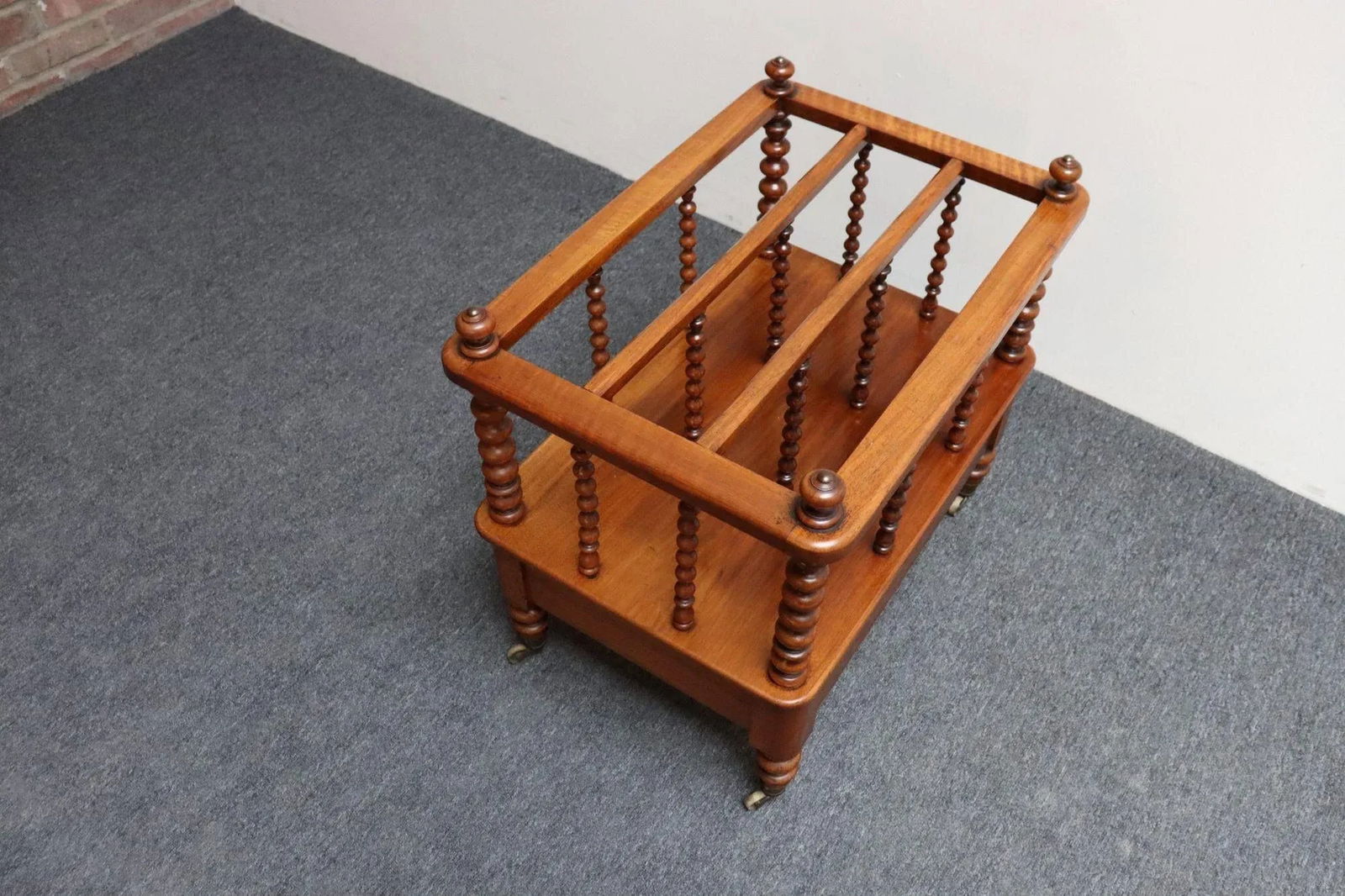 Vintage Victorian Figured Walnut Canterbury Magazine Rack on Casters With Drawer - 17