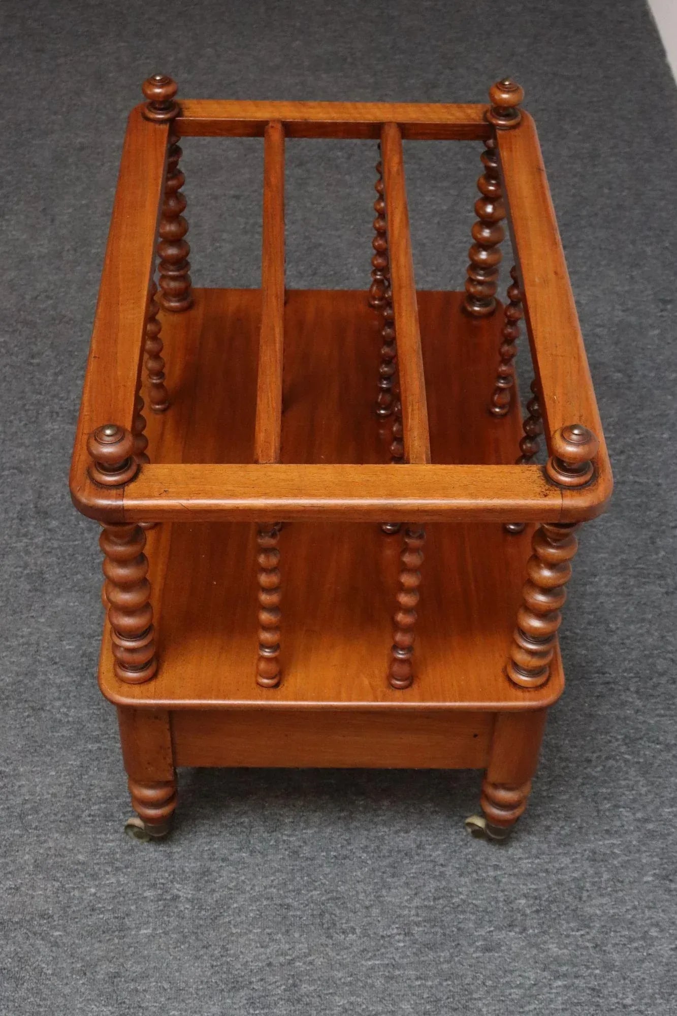 Vintage Victorian Figured Walnut Canterbury Magazine Rack on Casters With Drawer - 18