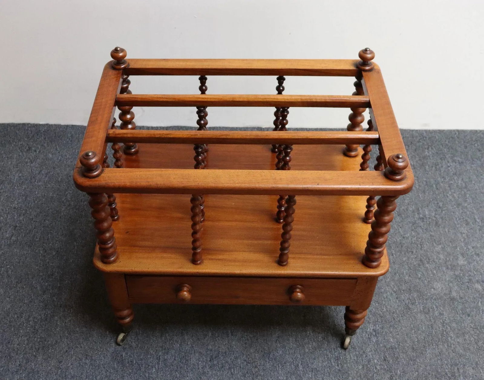 Vintage Victorian Figured Walnut Canterbury Magazine Rack on Casters With Drawer - 3