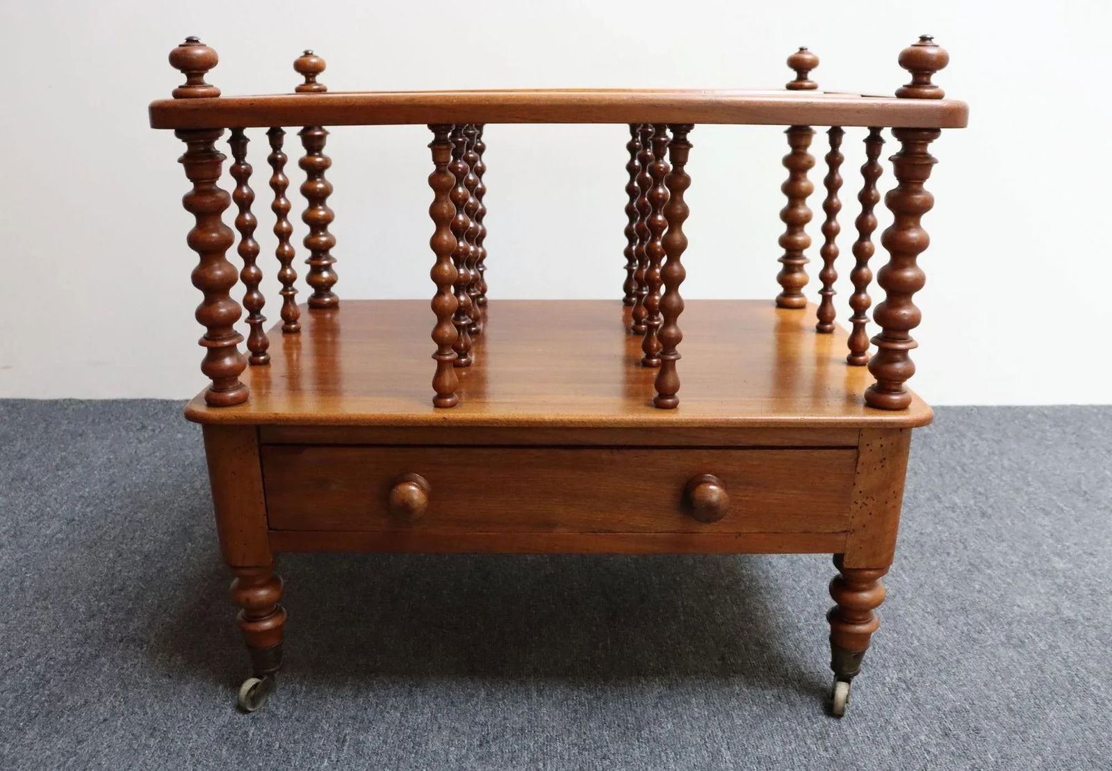 Vintage Victorian Figured Walnut Canterbury Magazine Rack on Casters With Drawer - 4