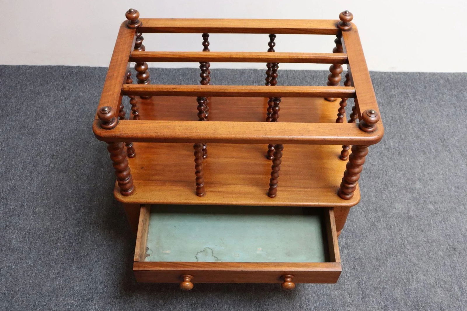 Vintage Victorian Figured Walnut Canterbury Magazine Rack on Casters With Drawer - 5