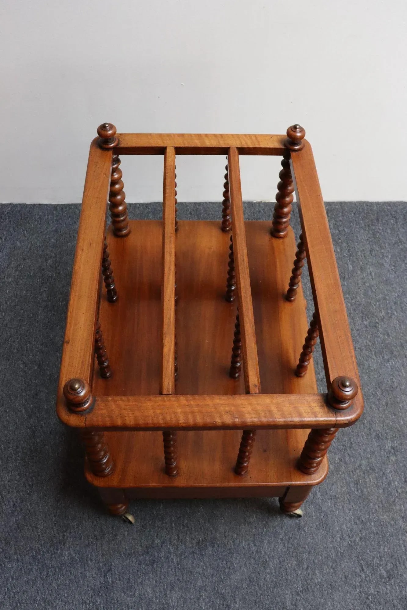 Vintage Victorian Figured Walnut Canterbury Magazine Rack on Casters With Drawer - 7