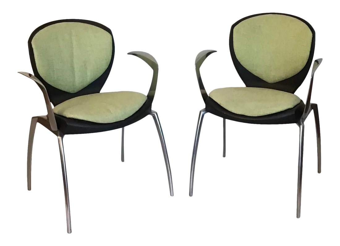 Miles Keller for Allseating Space Age Cast Aluminum Os Chairs - a Pair: Pair of stacking side chairs with modular cast-aluminum legs and arms, plastic seating with green cloth cushions. OSs chairs designed by Miles Keller for Allseating, made in Canada. The back rest can