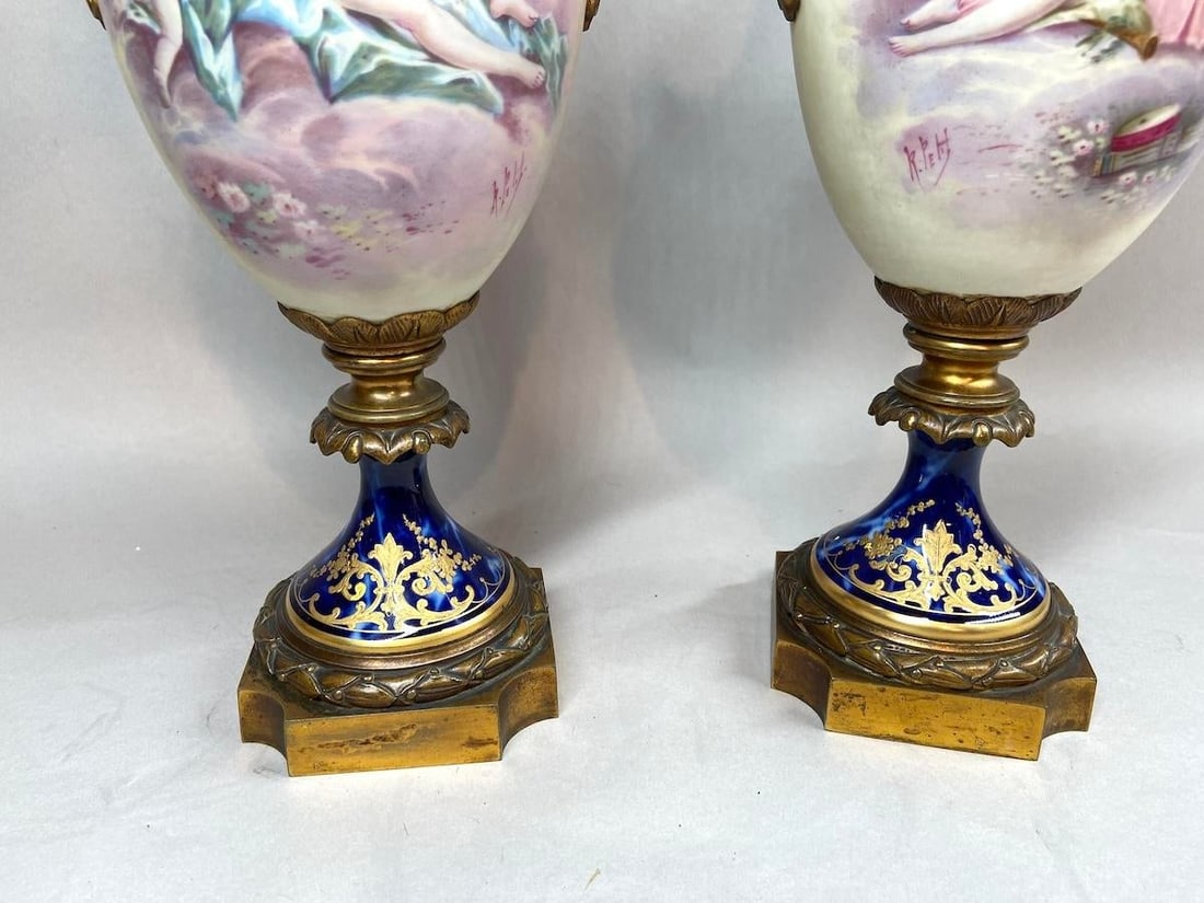 1850s Sevres French Gilded Bronze Blue Porcelain Vases - Pair - 12