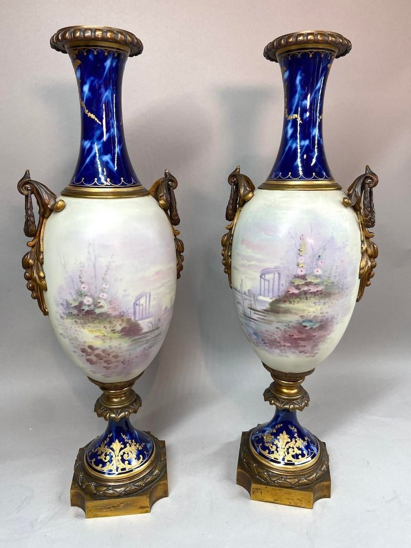1850s Sevres French Gilded Bronze Blue Porcelain Vases - Pair - 13