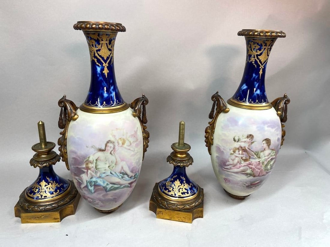 1850s Sevres French Gilded Bronze Blue Porcelain Vases - Pair - 14