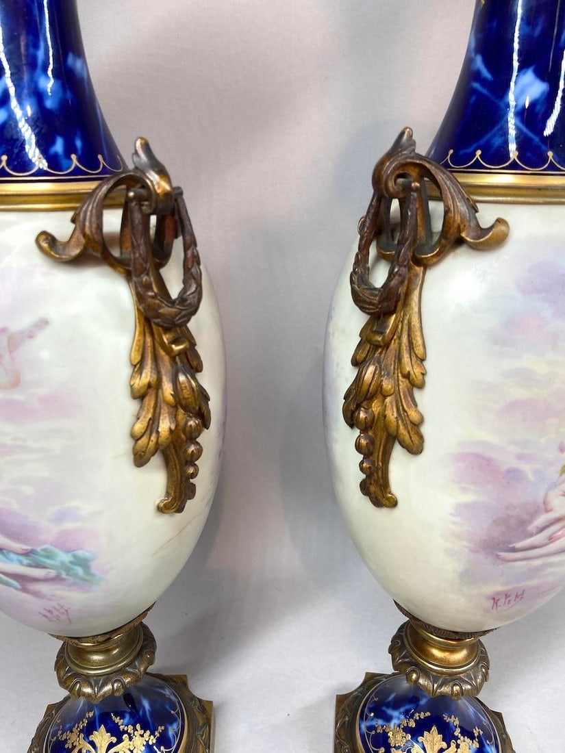 1850s Sevres French Gilded Bronze Blue Porcelain Vases - Pair - 16