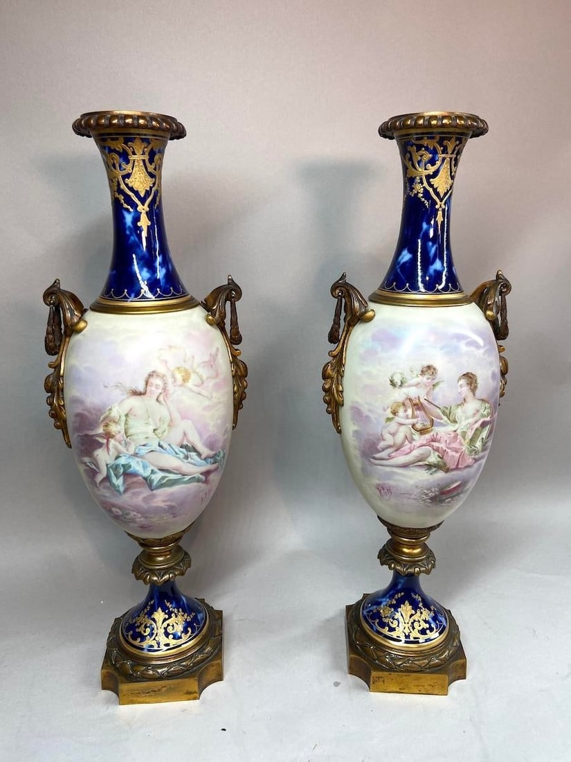 1850s Sevres French Gilded Bronze Blue Porcelain Vases - Pair - 18