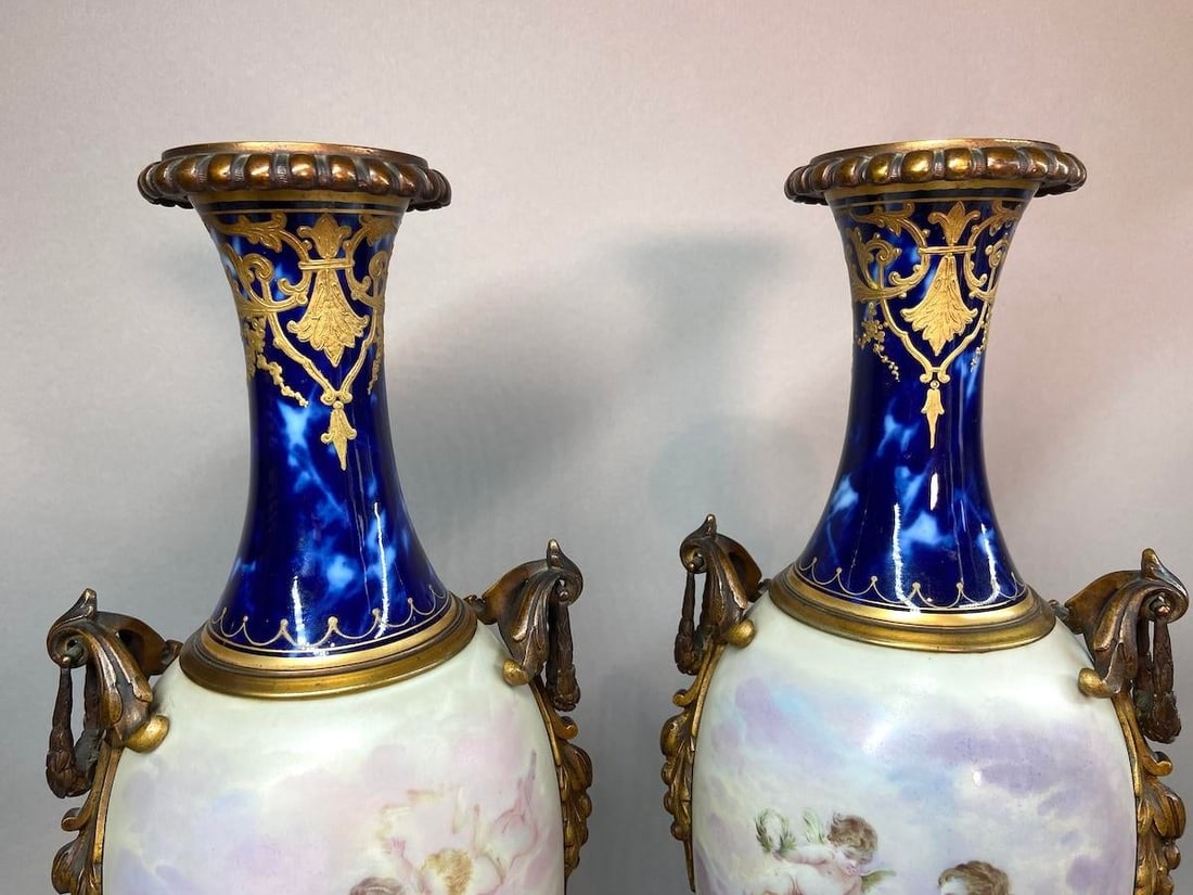 1850s Sevres French Gilded Bronze Blue Porcelain Vases - Pair - 4