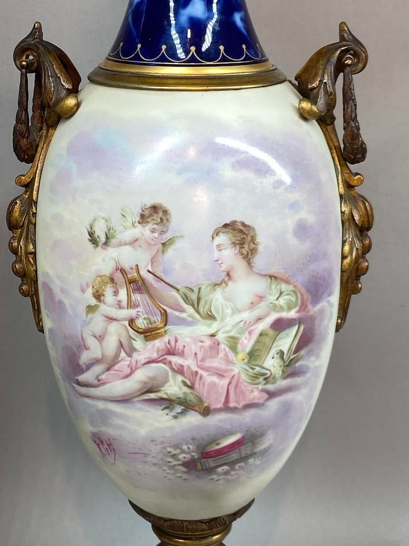 1850s Sevres French Gilded Bronze Blue Porcelain Vases - Pair - 5