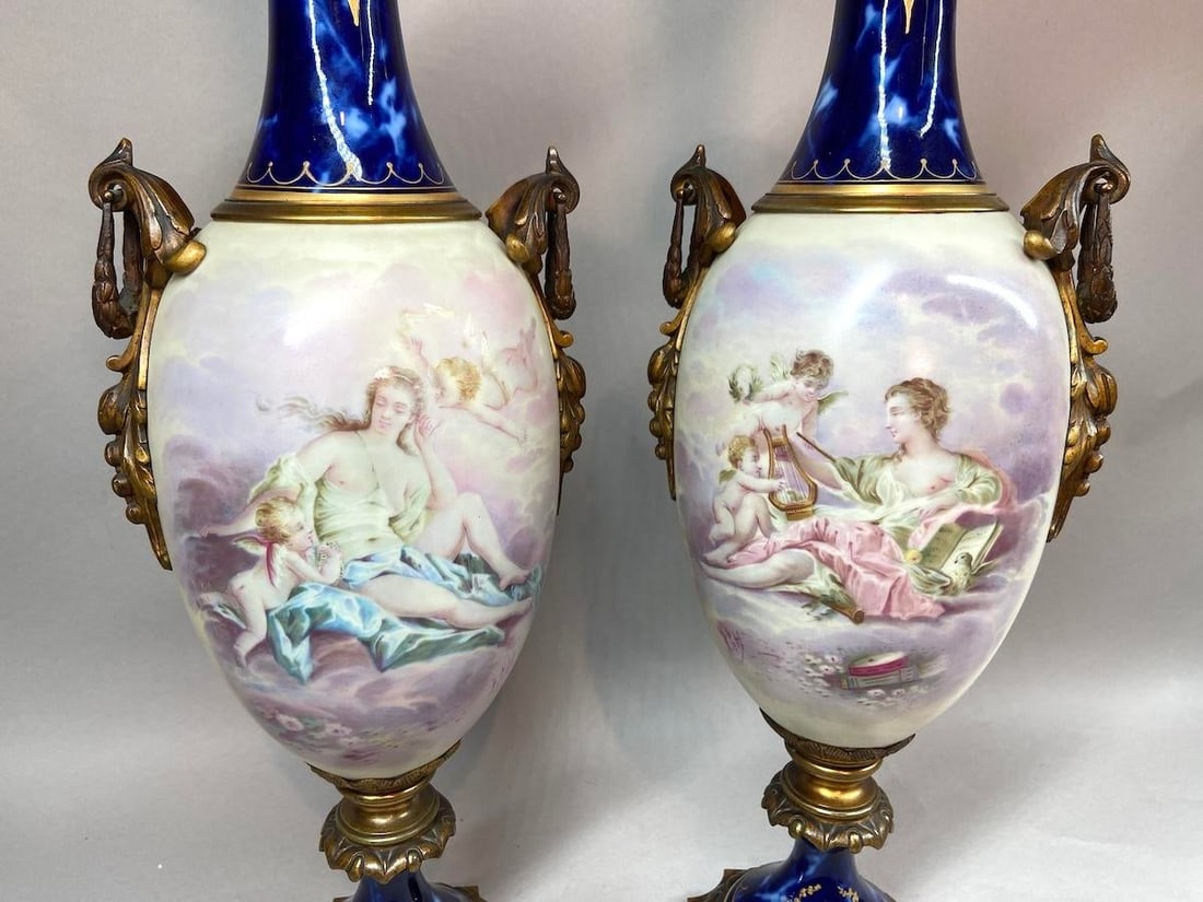 1850s Sevres French Gilded Bronze Blue Porcelain Vases - Pair - 6