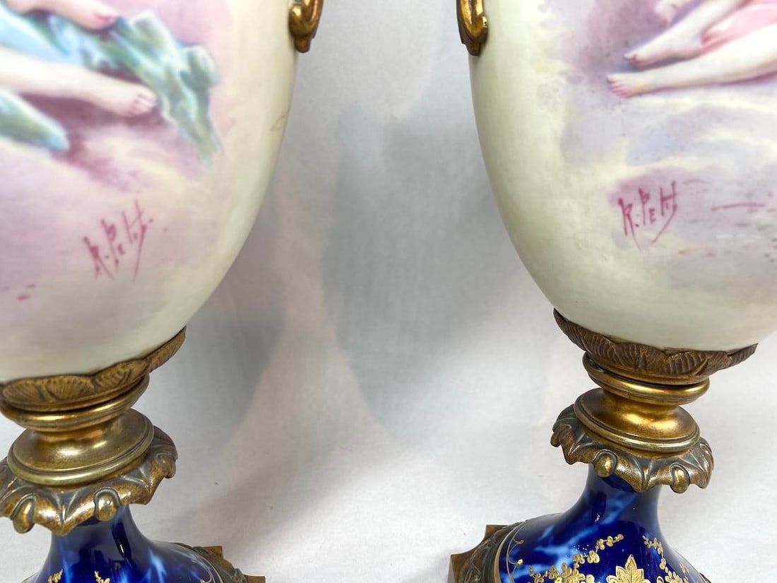 1850s Sevres French Gilded Bronze Blue Porcelain Vases - Pair - 8