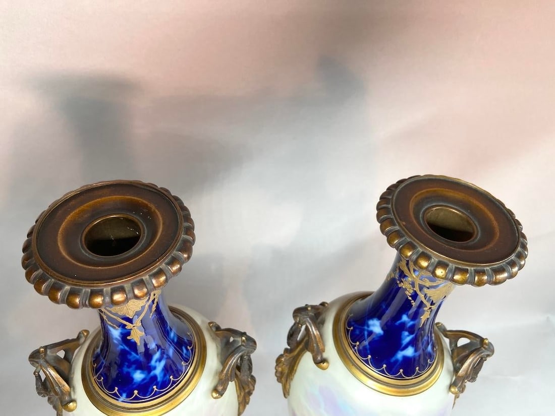 1850s Sevres French Gilded Bronze Blue Porcelain Vases - Pair - 9