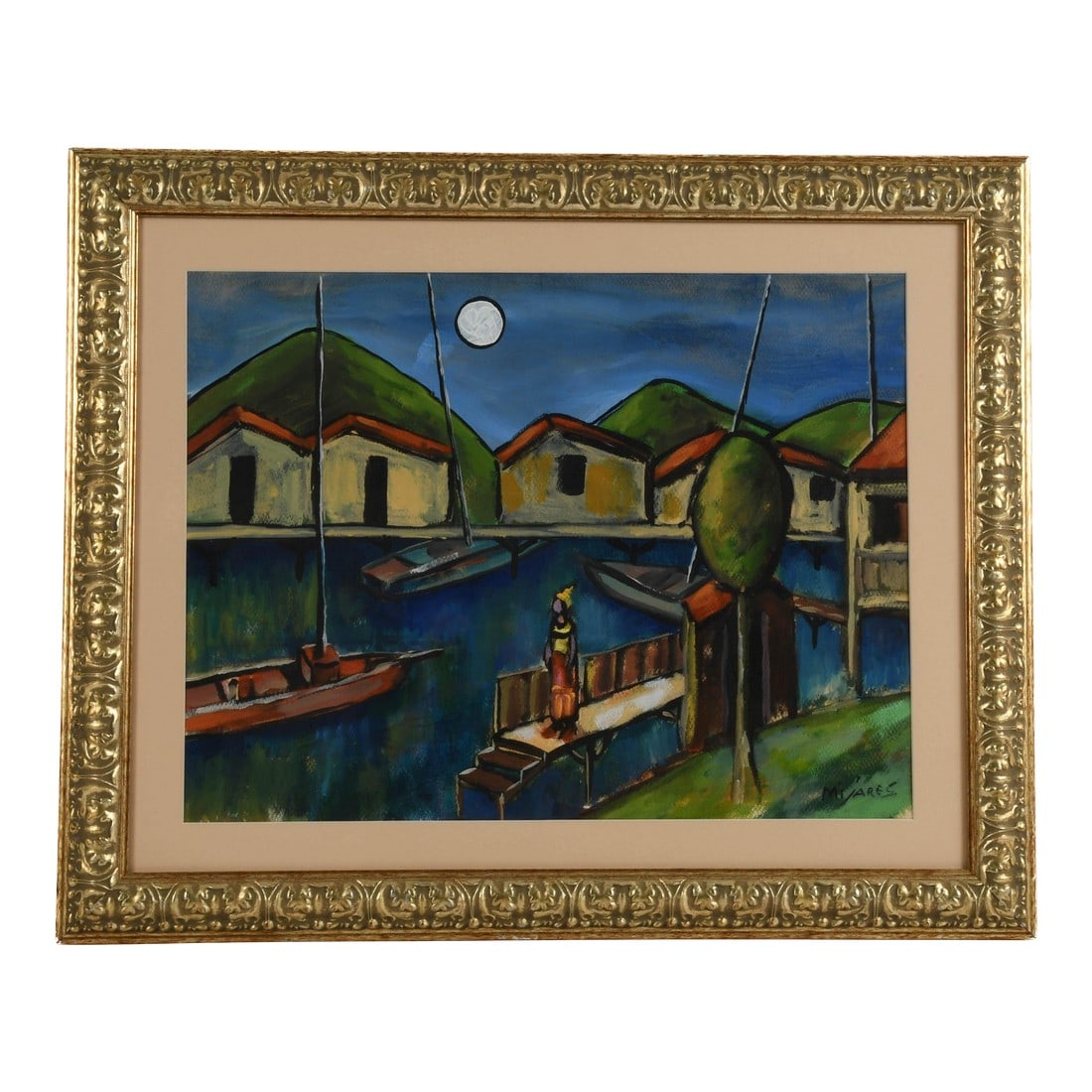 Late 20th Century Framed Signed José MarÃ­a Mijares "Waiting Under the Moon" Mix: Presenting a captivating original by renowned Cuban artist José MarÃ­a Mijares, "Waiting Under the Moon" is a mixed media masterpiece that beautifully encapsulates the serene mystique