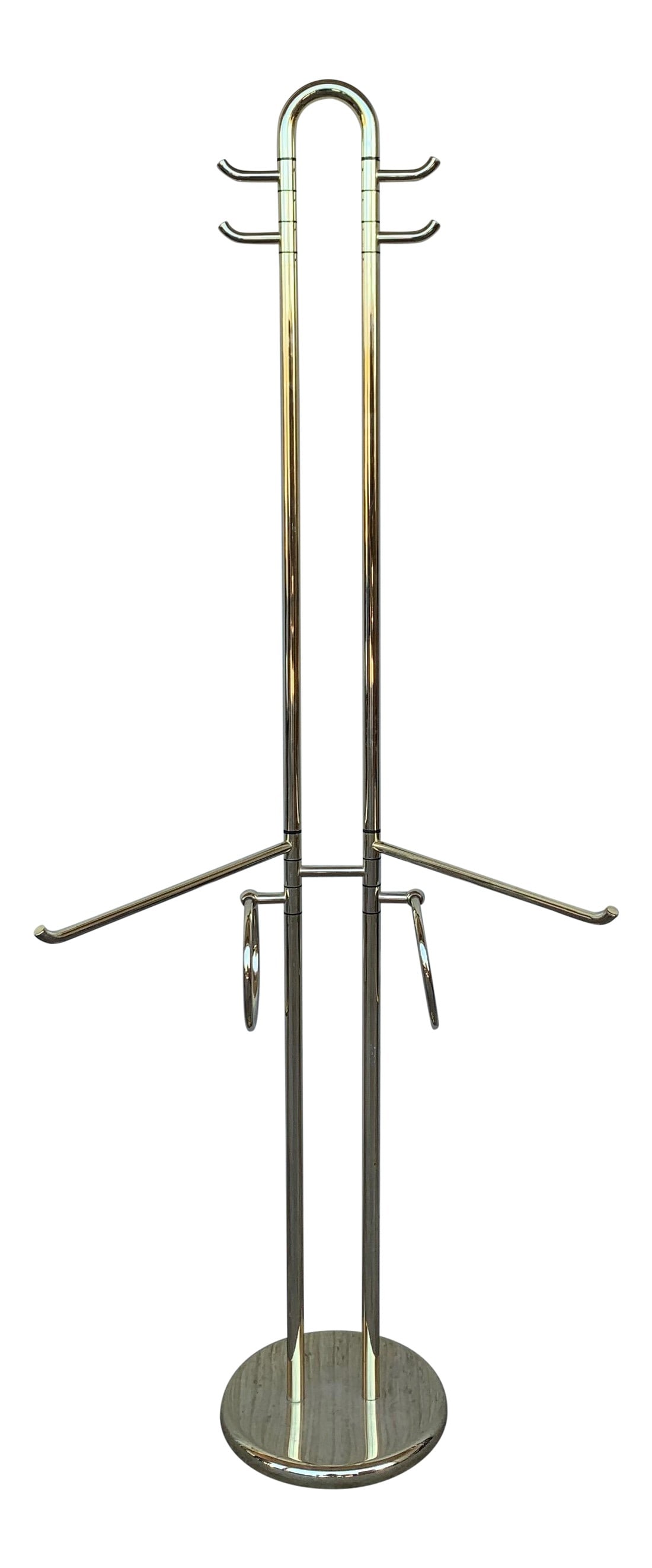 Mid Century Modern Italian Brass Coat Stand With Round Base, Italy, 1970s: About Mid Century Modern Italian Brass Coat Stand with Round Base, Italy, 1970s This heavy Coat Rack has Four High Hangers and other four hangers in the middle of the piece. You can move all the