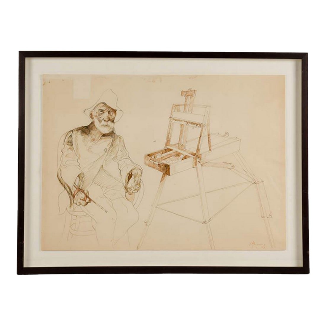 Framed Signed Carlos Alonso Self Portrait Drawing on Paper: In this introspective drawing, celebrated Argentine artist Carlos Alonso presents a self-portrait marked by expressive linework and subtle irony. Rendered in pen and ink on paper, the artist captures