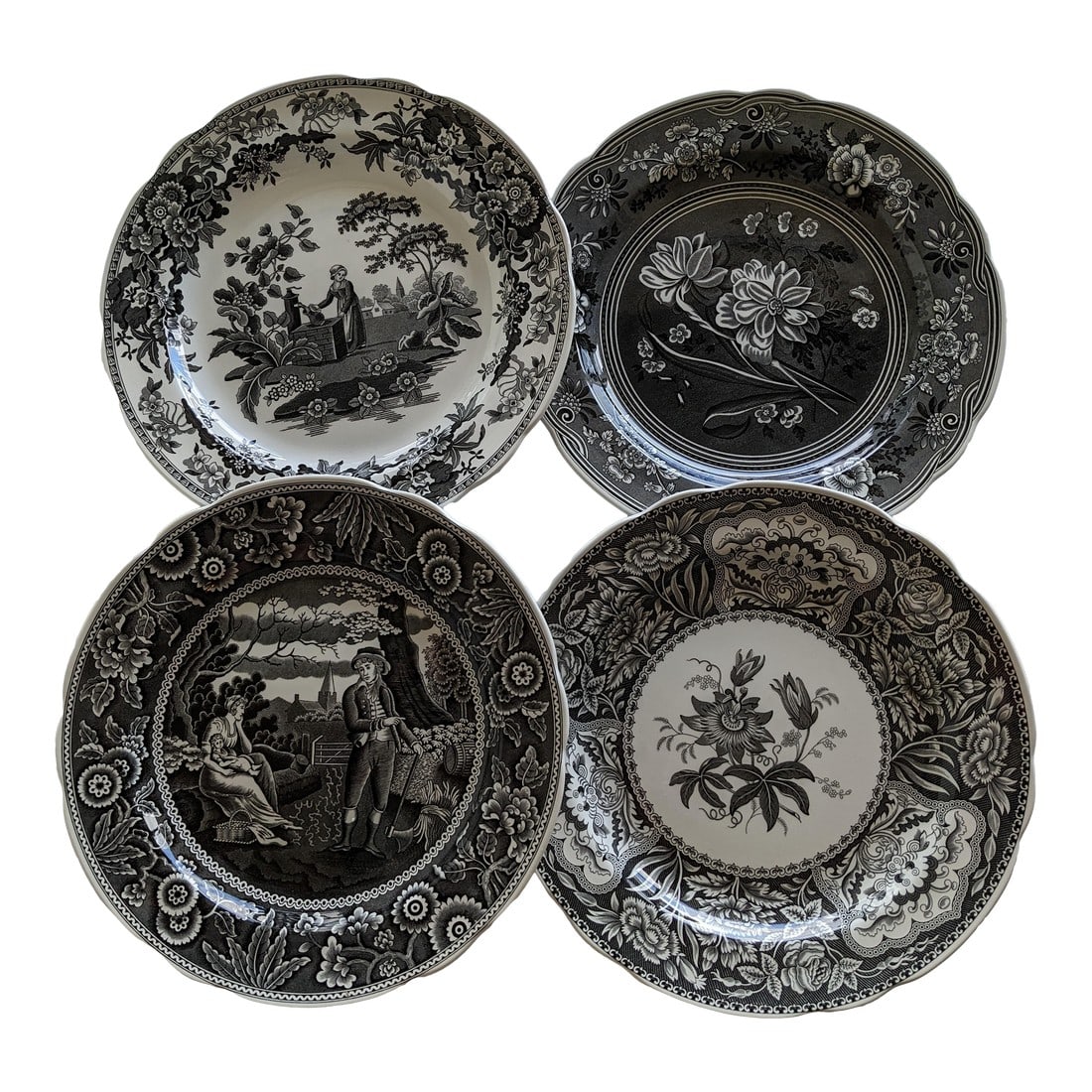Beautiful Spode Plates Set of 4 Georgian Series Originally Introduced 1816-1830: Still in the original box, this beautiful Spode set of 4 decorative plates GEORGIAN SERIES, BOTANICAL, FLORAL, GIRL AT WELL AND WOODMAN. Originally introduced from 1816-1830. This sets adds beauty