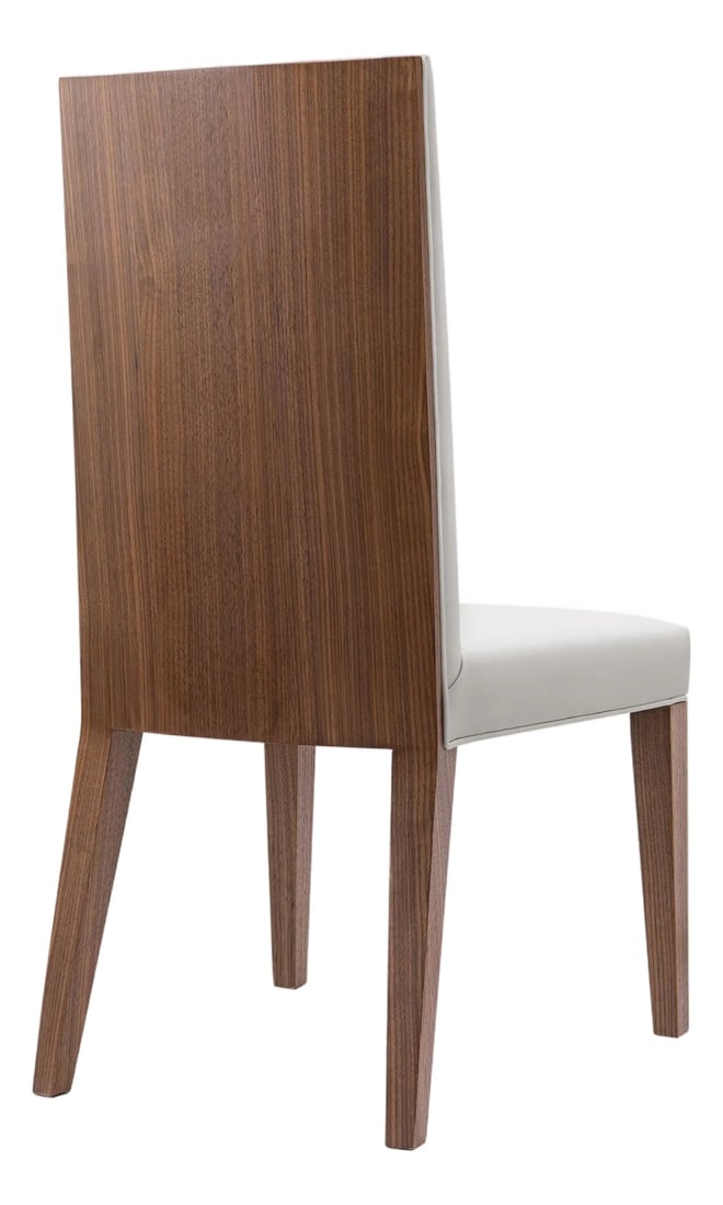 Modern Greg Sheres Style Walnut Backed Dining Chair - A Pair: Modern Walnut backed Dining Chair Designed by Greg Sheres. A classic modern high back chair with veneered wood back and faux leather seat and inside back. This is our "Lauren" dining chair. As
