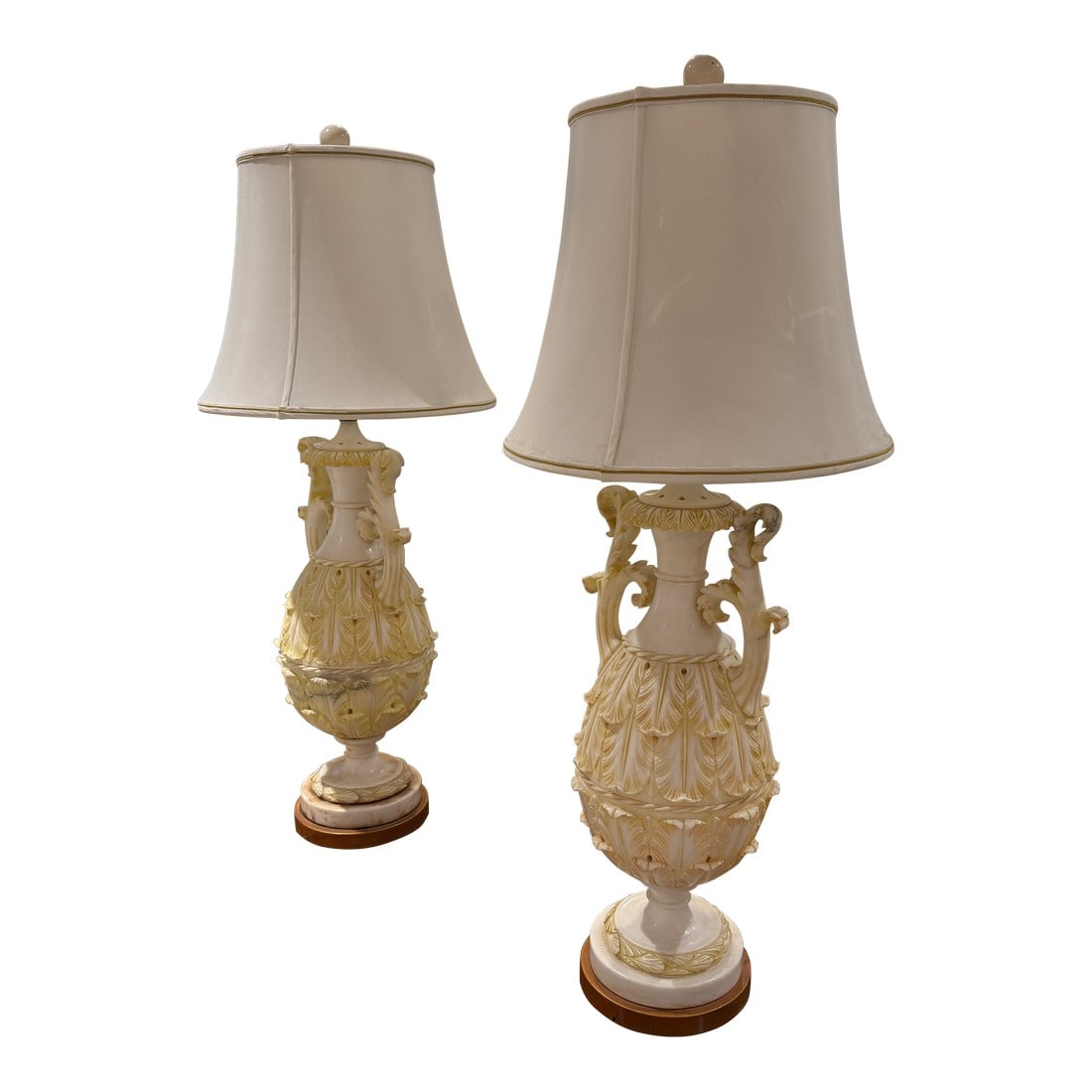 Marbro Alabaster Pair of Lamps: Pair of Hand Carved Alabaster Marbro Lamp co lamps in original unaltered condition, lamp shades are worn and need to be replaced. Lamps come with shades and cords which have turn on switch on cord. Co