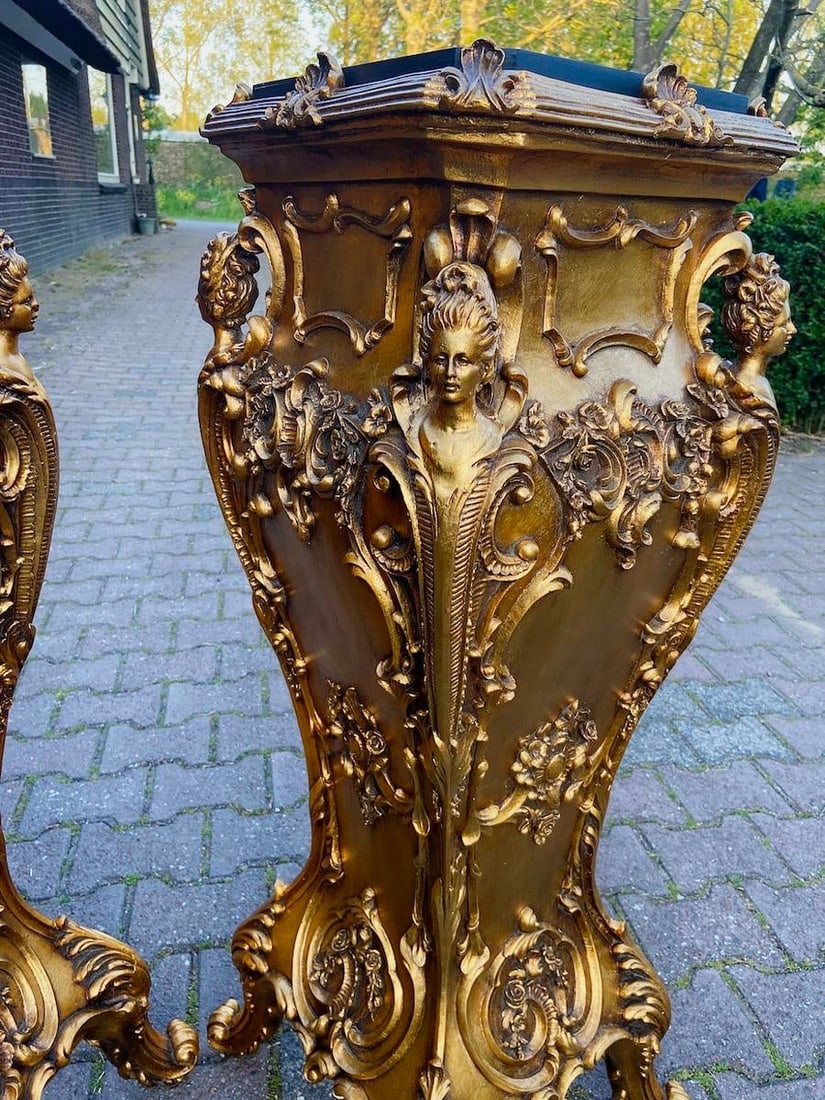 Late 20thC Italian Gold Baroque Resin Pedestals - Pair 2pcs - 15