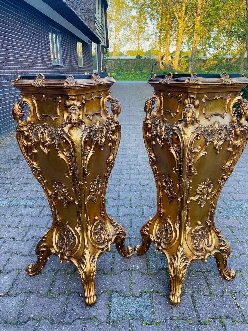 Late 20thC Italian Gold Baroque Resin Pedestals - Pair 2pcs - 17