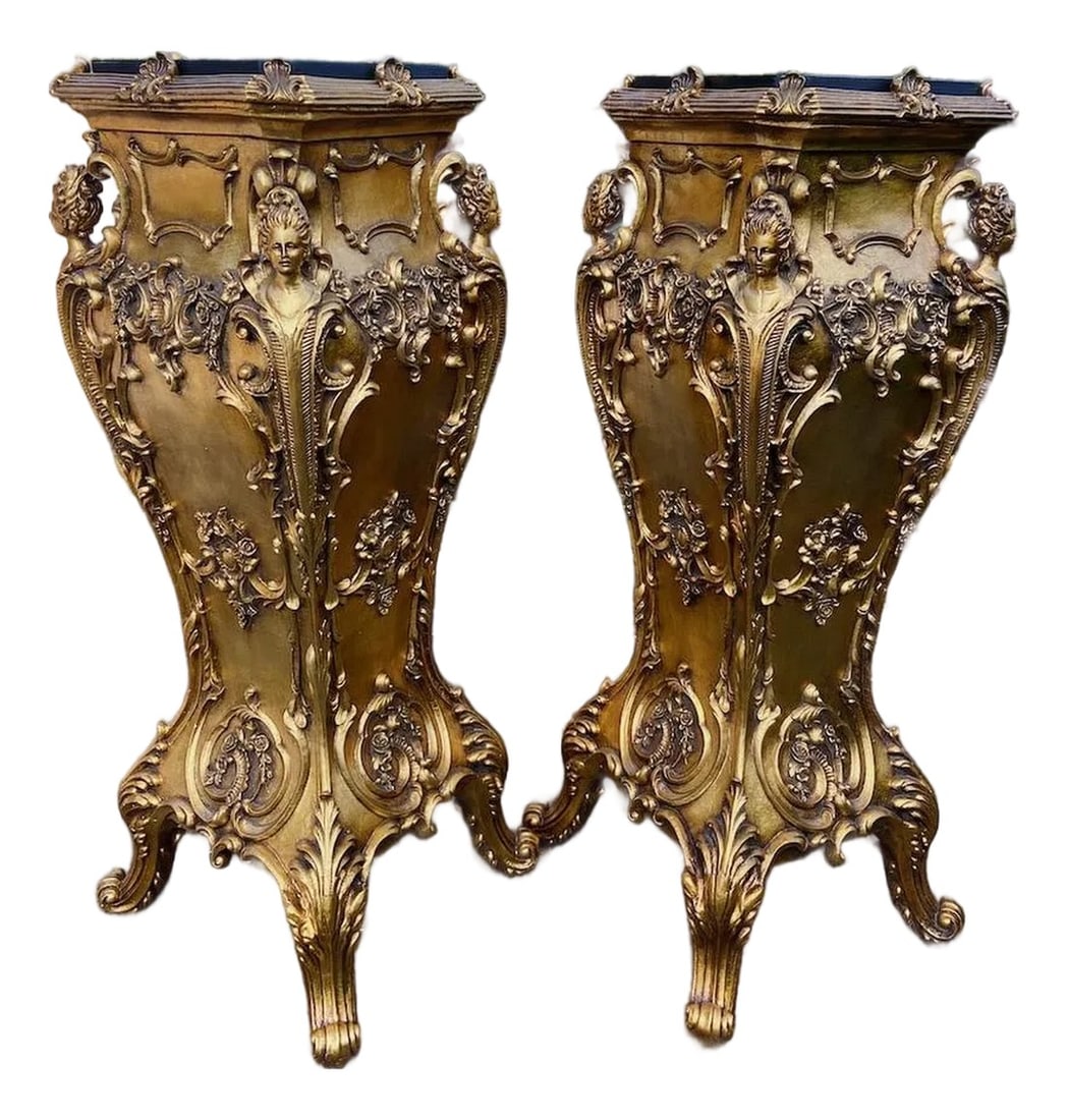 Late 20thC Italian Gold Baroque Resin Pedestals - Pair 2pcs: Opulent Pair of Late 20th Century Italian Gold Baroque-Style Resin Pedestals – Ornate Classical Elegance Infuse your home or gallery with the splendor of old-world European artistry through