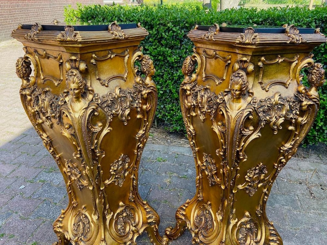 Late 20thC Italian Gold Baroque Resin Pedestals - Pair 2pcs - 2