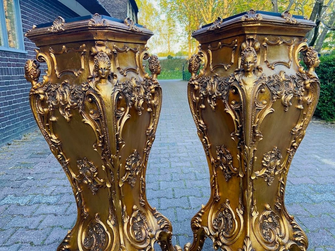Late 20thC Italian Gold Baroque Resin Pedestals - Pair 2pcs - 8