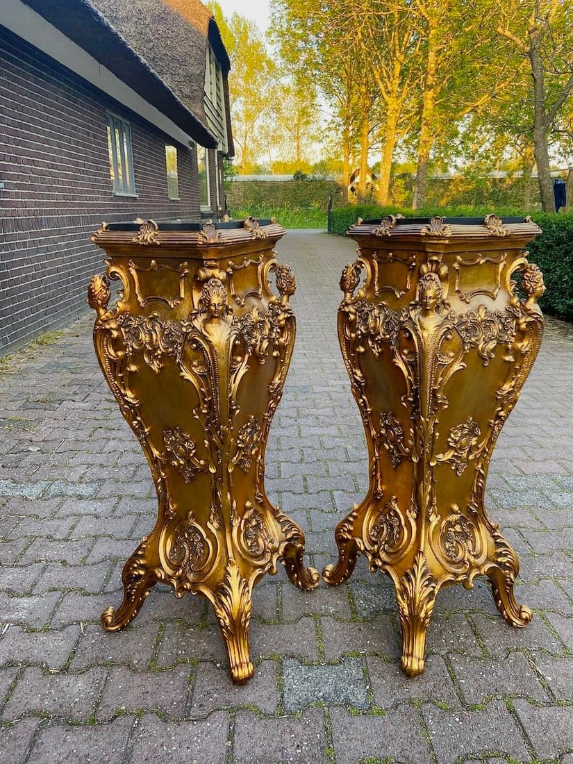 Late 20thC Italian Gold Baroque Resin Pedestals - Pair 2pcs - 9