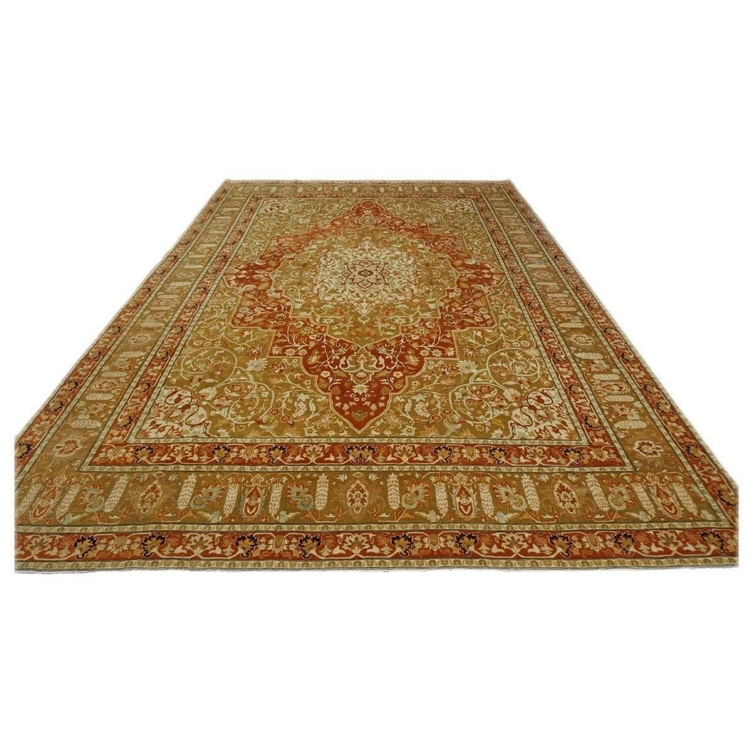 Persian Farahan Wool 10X14 Ivory, Olive & Orange Handmade Area Rug #1143008 - 2