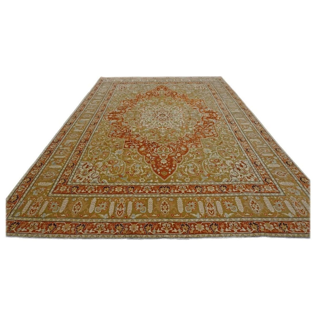 Persian Farahan Wool 10X14 Ivory, Olive & Orange Handmade Area Rug #1143008 - 4