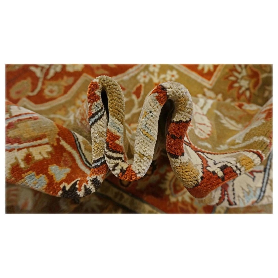 Persian Farahan Wool 10X14 Ivory, Olive & Orange Handmade Area Rug #1143008 - 8