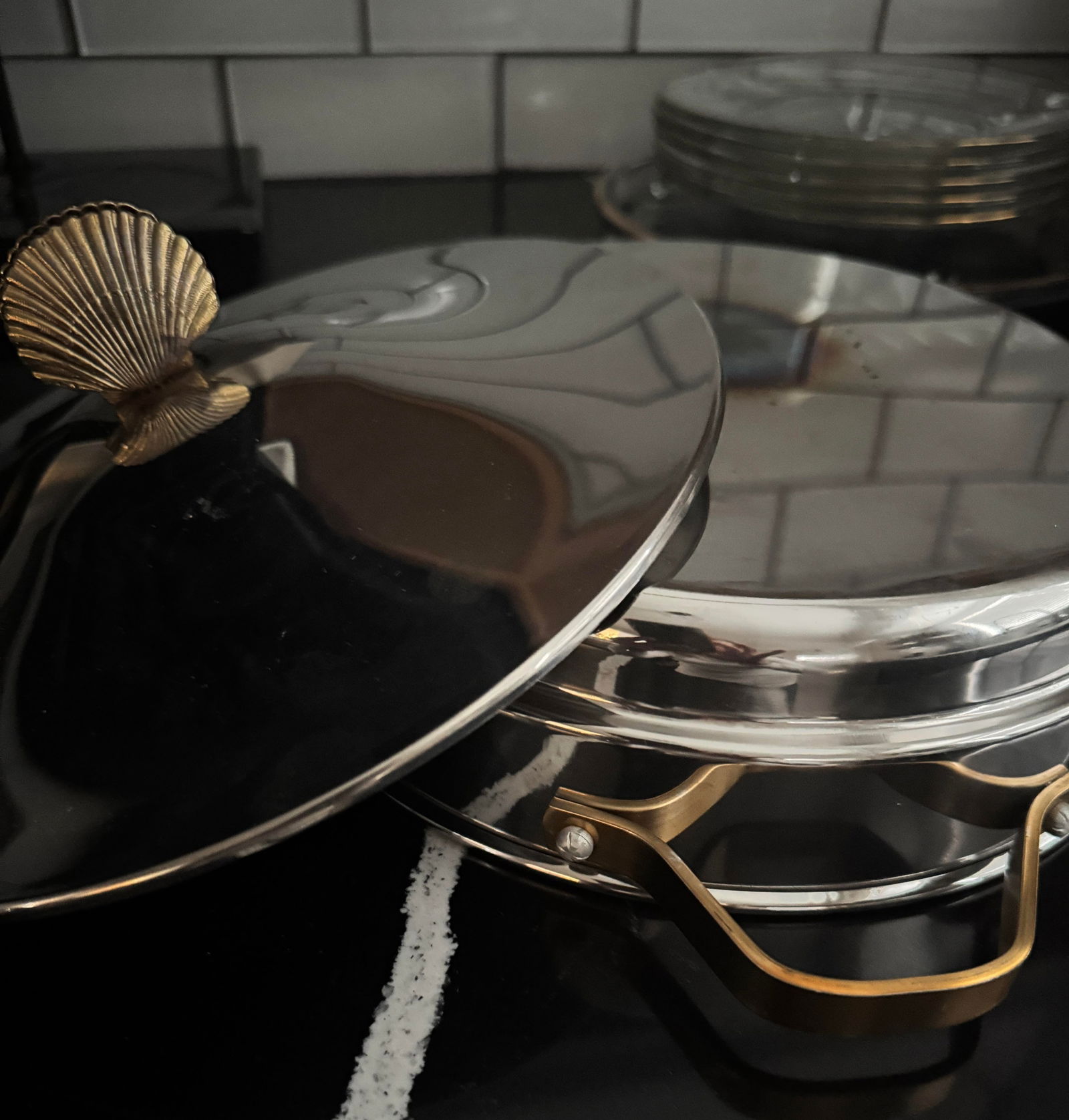 Mid-Century Polished Stainless Pan With Luxe Brass Finial - 2