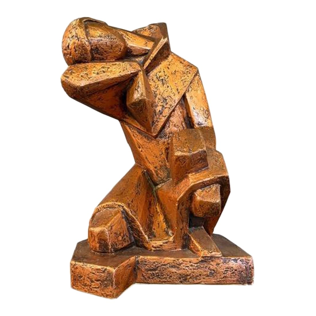 Mid-Century Modern Cubist Brutalist "Repose" Figurative Sculpture: This brutalist Mid-Century Modern sculpture in the style of the Cubist sculptor Jacques Lipchitz stands at 19.5" tall. The solid sculpture is made of gypsum with a painted copper exterior that has a