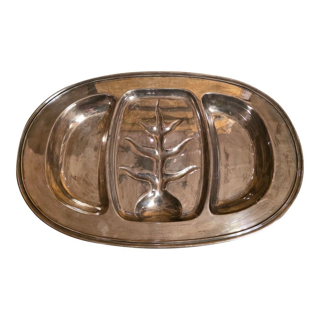1940s Trophy Triple We'll Silver Plate Serving Platter: Stunning Reed and Barton triple well with center tree well for serving meats. This was given as a trophy in 1948 presented by J.M.Maroney to H.A Schaefer at the Dallas Country Club in Texas. 
