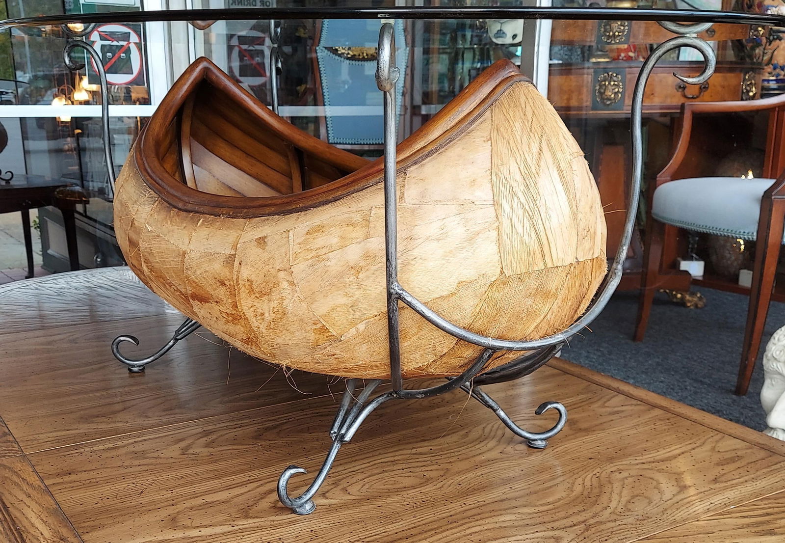 1970 Vintage Canoe Wrought Iron, Wood & Glass Coffee Table - 5