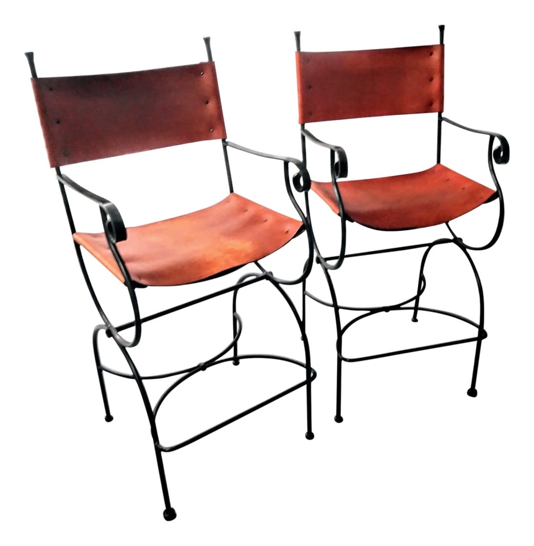 1990s Legacy Charleston Forge Leather Barstools - Set of 2: Signed and stamped Legacy Charleston Forge Leather Barstools. A Timeless Addition to Your Home Description: Elevate your home bar or kitchen counter with a pair of exquisite Legacy Charleston Forge Le