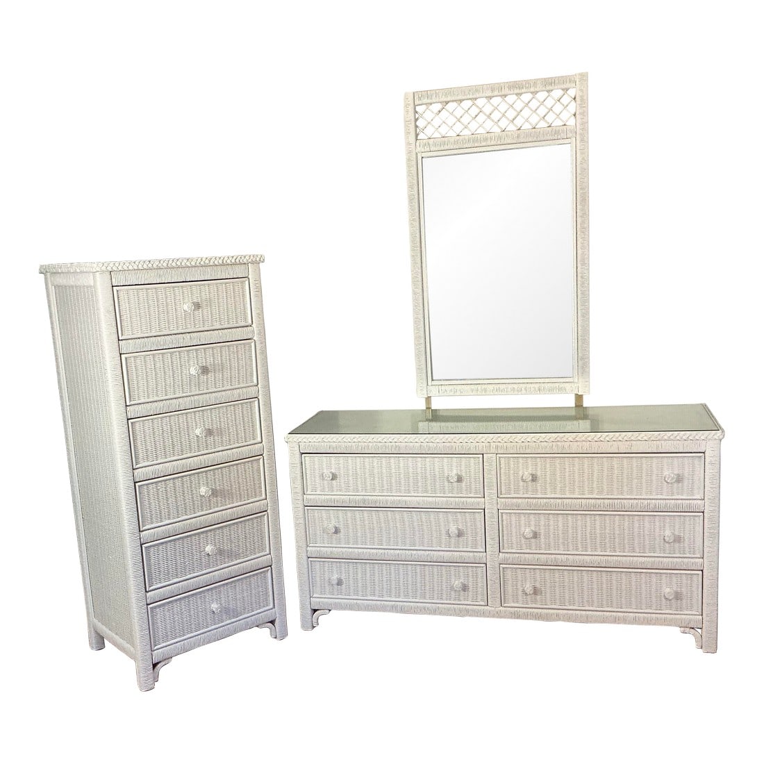 Vintage Henry Link Lexington White Wicker Bedroom Furniture Set Dresser, Mirror, Lingerie Chest: 1970's Henry Link coastal white wicker double dresser with attached vertical mirror and Lingerie Chest, by Lexington, made in USA. This set features 6-drawer dresser with mirror, glass top protector,
