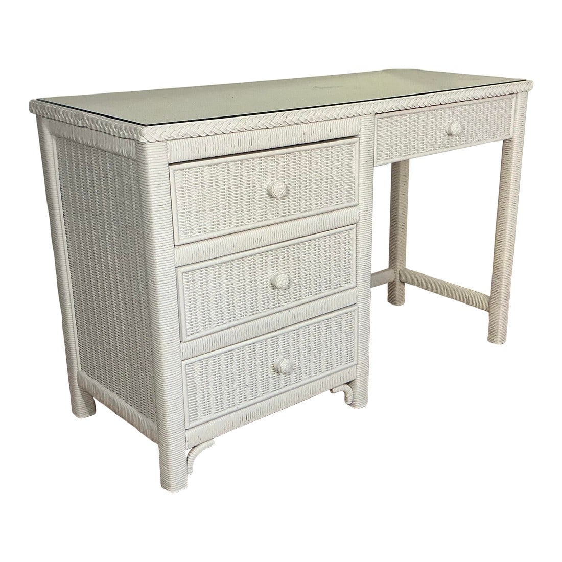 Vintage Henry Link Lexington White Wicker Writing Desk With Glass Top: 1970's Henry Link by Lexington coastal white wicker writing desk. This desk features 4 drawers, wicker drawer pulls and glass top protector. Marked Henry Link and Lexington in the drawer. A fresh