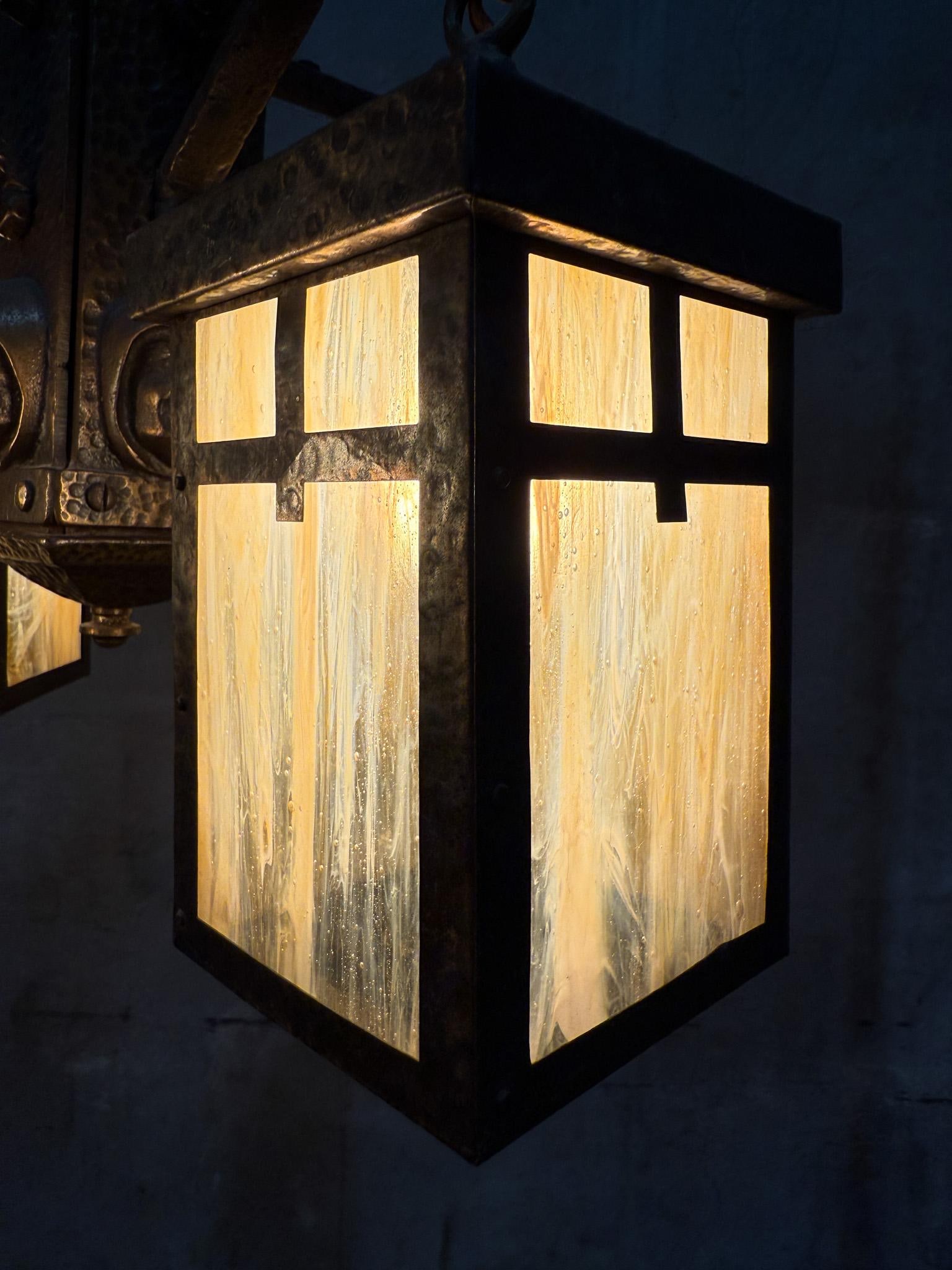 Antique Arts & Crafts Hammered Iron "Monk" Chandelier – Slag Glass Lantern Fixture (20") - 10