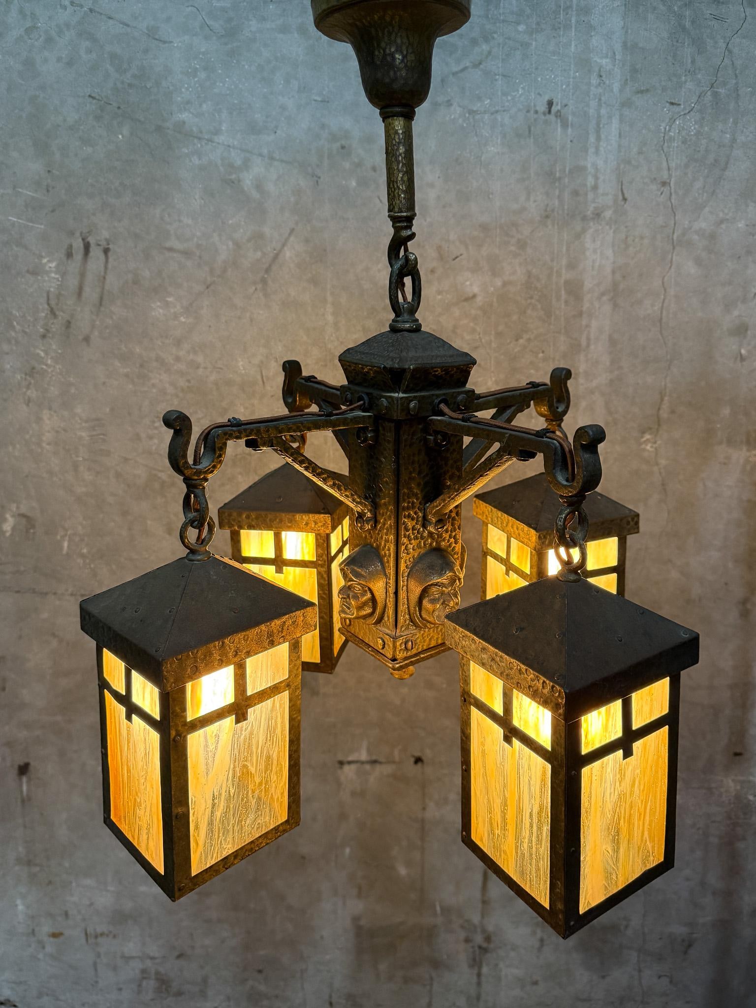 Antique Arts & Crafts Hammered Iron "Monk" Chandelier – Slag Glass Lantern Fixture (20") - 12