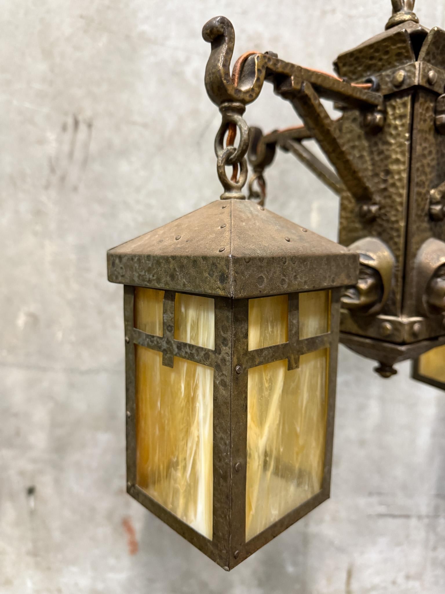 Antique Arts & Crafts Hammered Iron "Monk" Chandelier – Slag Glass Lantern Fixture (20") - 2